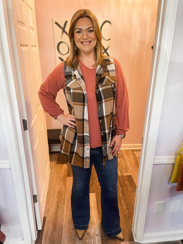 Plus Size Brown Plaid Buttoned Down Shacket Vest (Sizes: 1XL-4XL)