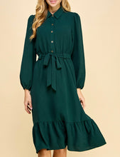 Load image into Gallery viewer, Hunter Green Button Down Long Sleeve Midi Dress
