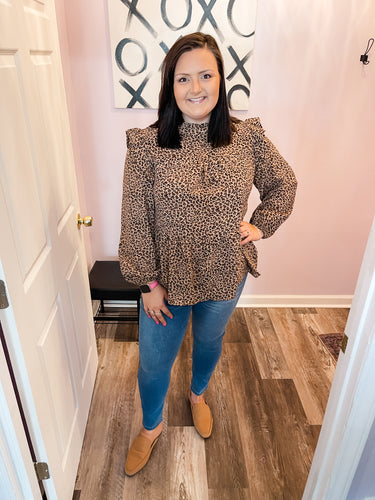 Plus Size Ruffled Shoulder Cheetah Print Long Sleeve Top