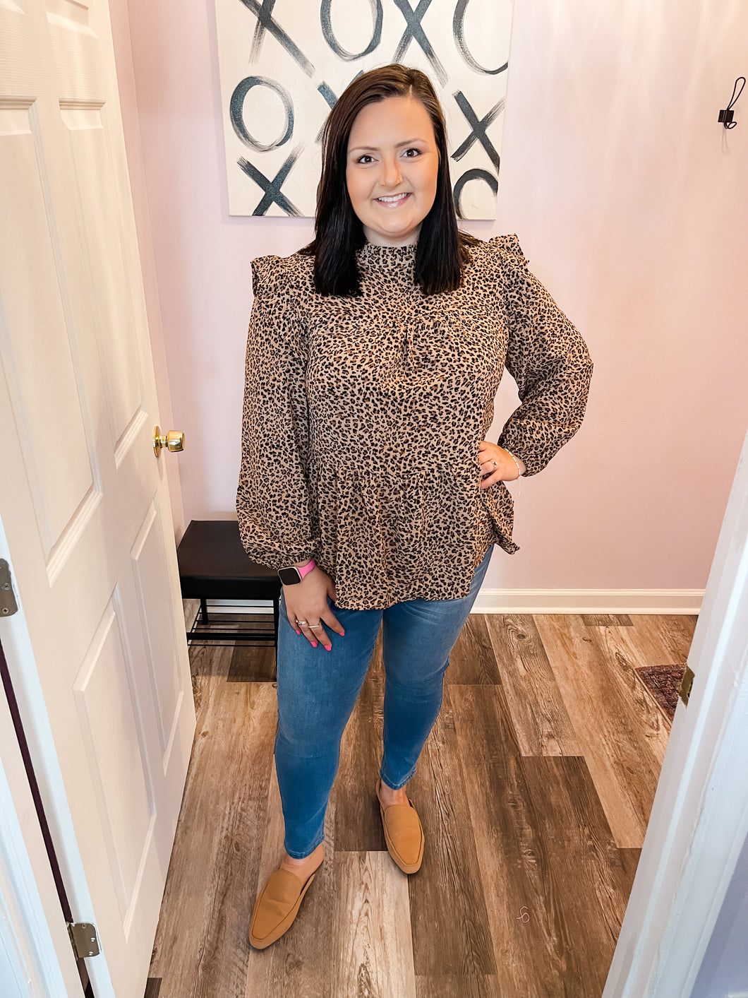 Plus Size Ruffled Shoulder Cheetah Print Long Sleeve Top