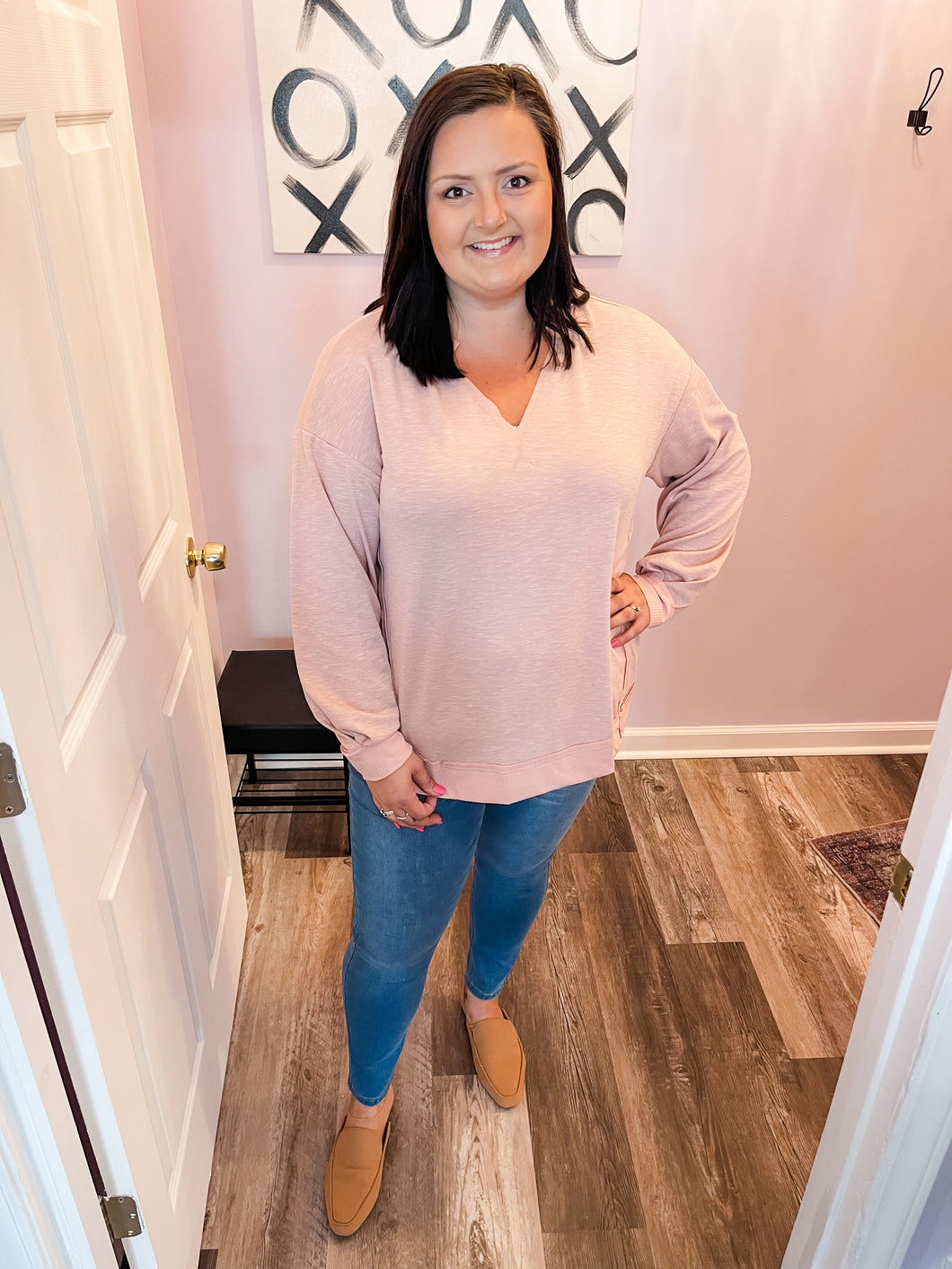 Plus Size Pink Raw Cut Long Sleeve Top