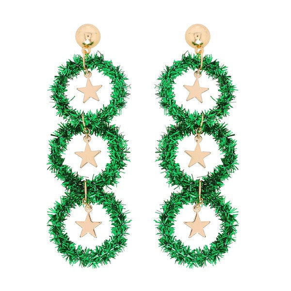 Green Tinsel Wreath & Gold Star Long Drop Earrings