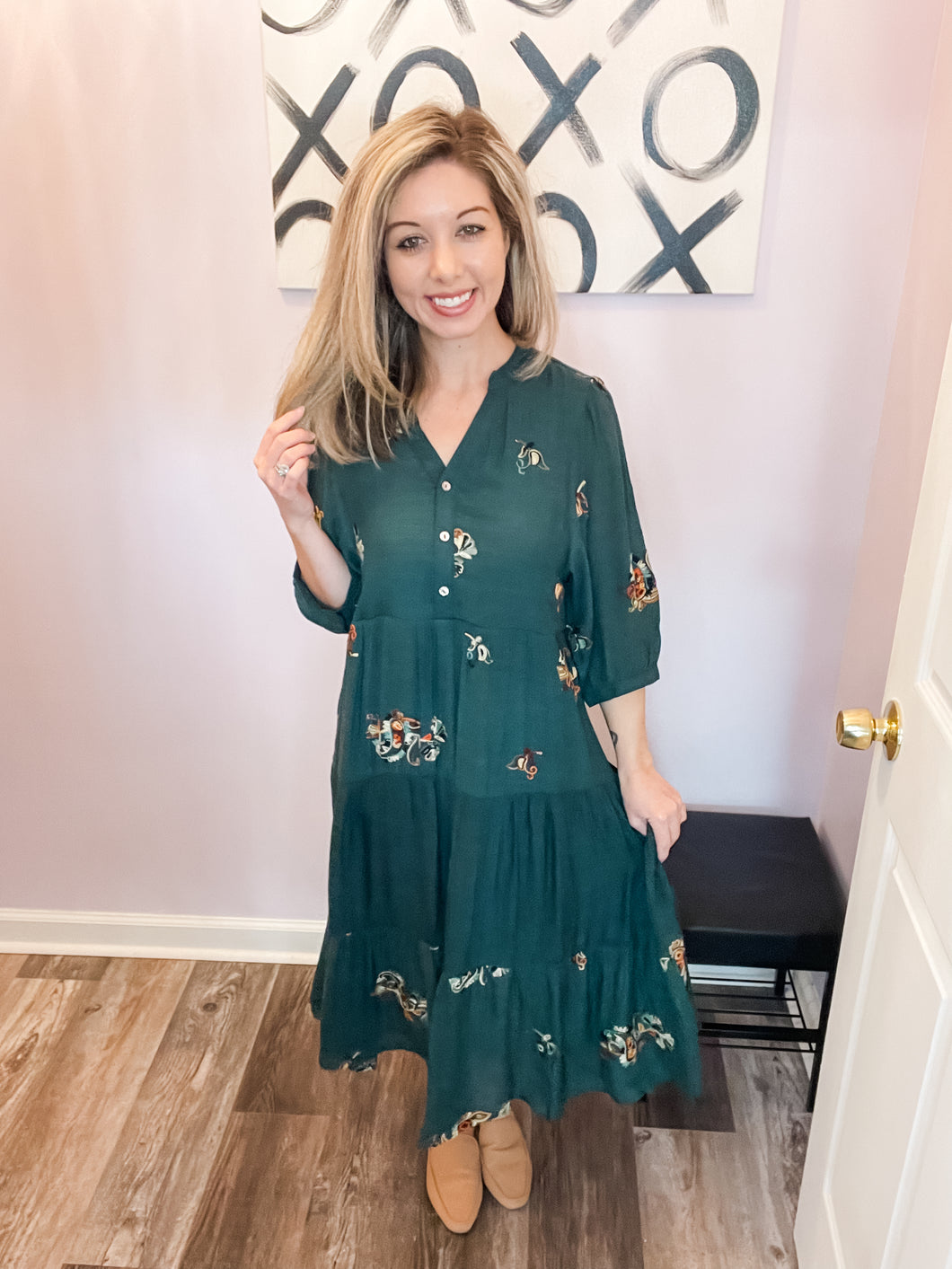 Hunter Green Embroidered Floral Paisley Midi Dress