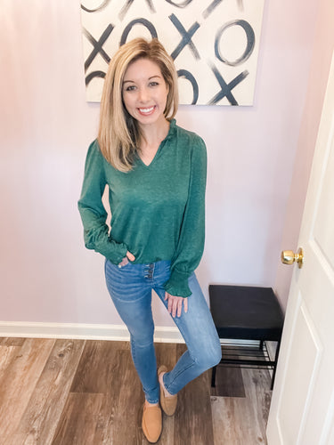 Green V Neck Long Sleeve Top