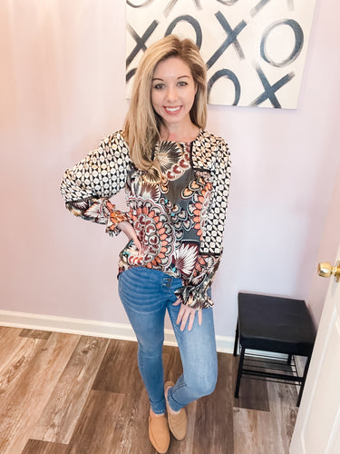 Floral Geometric Print Long Sleeve Top
