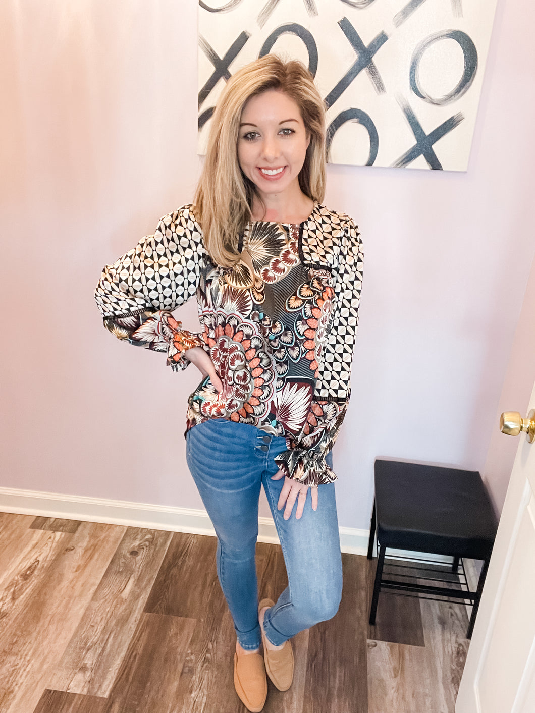 Floral Geometric Print Long Sleeve Top