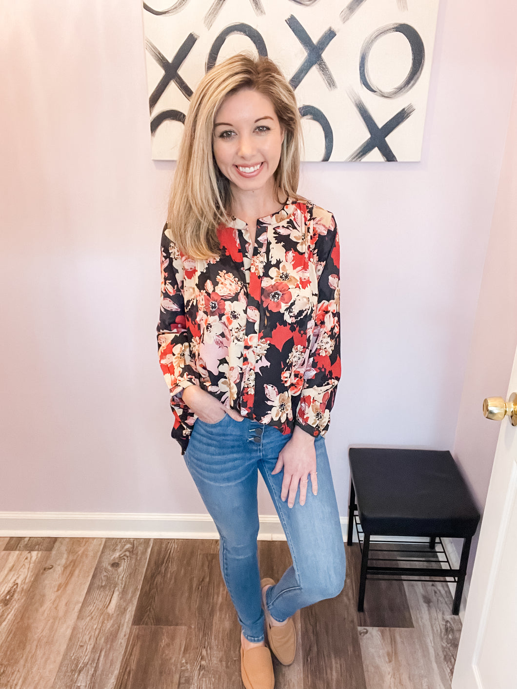 Multi Colored Floral Pattern Long Sleeve Top