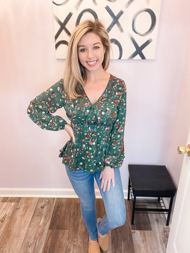 Hunter Green & Floral Peplum Top