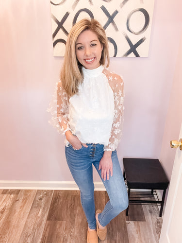 White Floral Mesh Long Sleeve Top