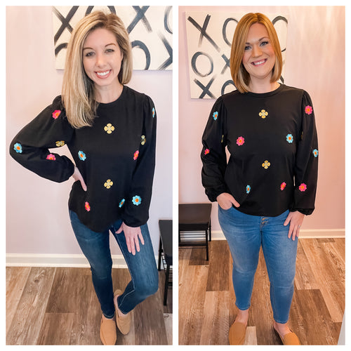 Black & Embroidered Floral Design Long Sleeve Top