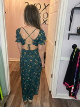 Load image into Gallery viewer, Hunter Green Floral Puff Sleeve Criss Cross Back Dress

