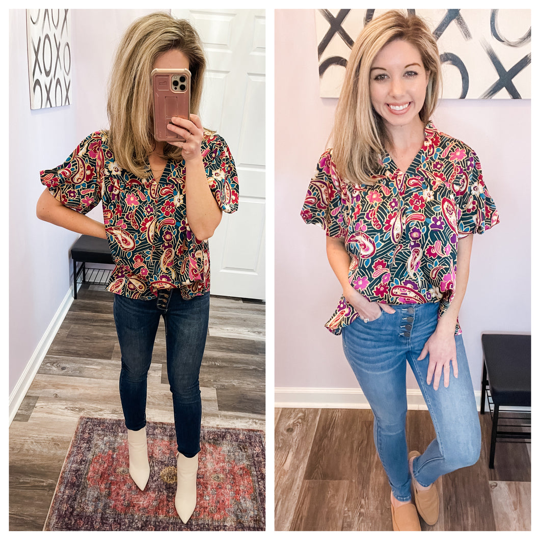 Multi Colored Paisley Bubble Sleeve Top