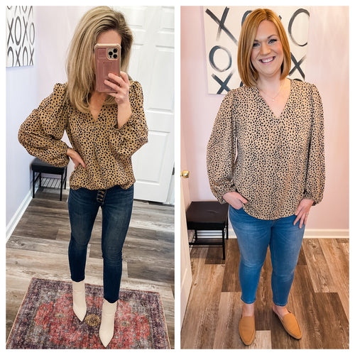 Khaki Leopard Print V Neck Top