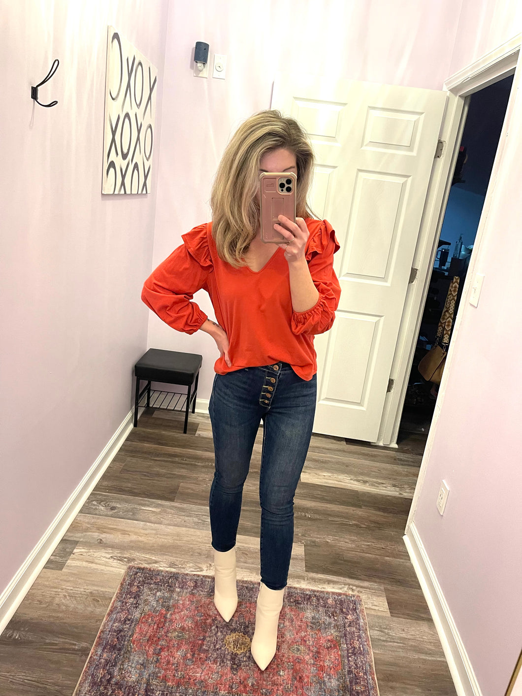 Brick Ruffled Shoulder Long Sleeve Top