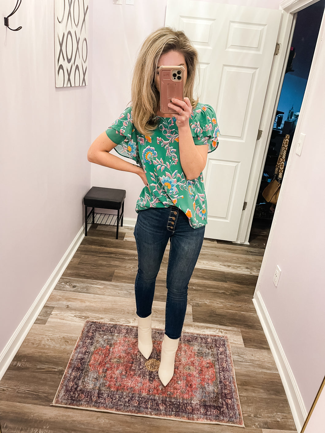 Green and Floral Layered Sleeves Top