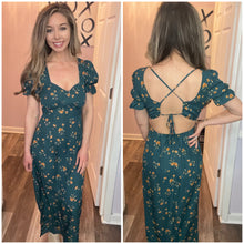 Load image into Gallery viewer, Hunter Green Floral Puff Sleeve Criss Cross Back Dress
