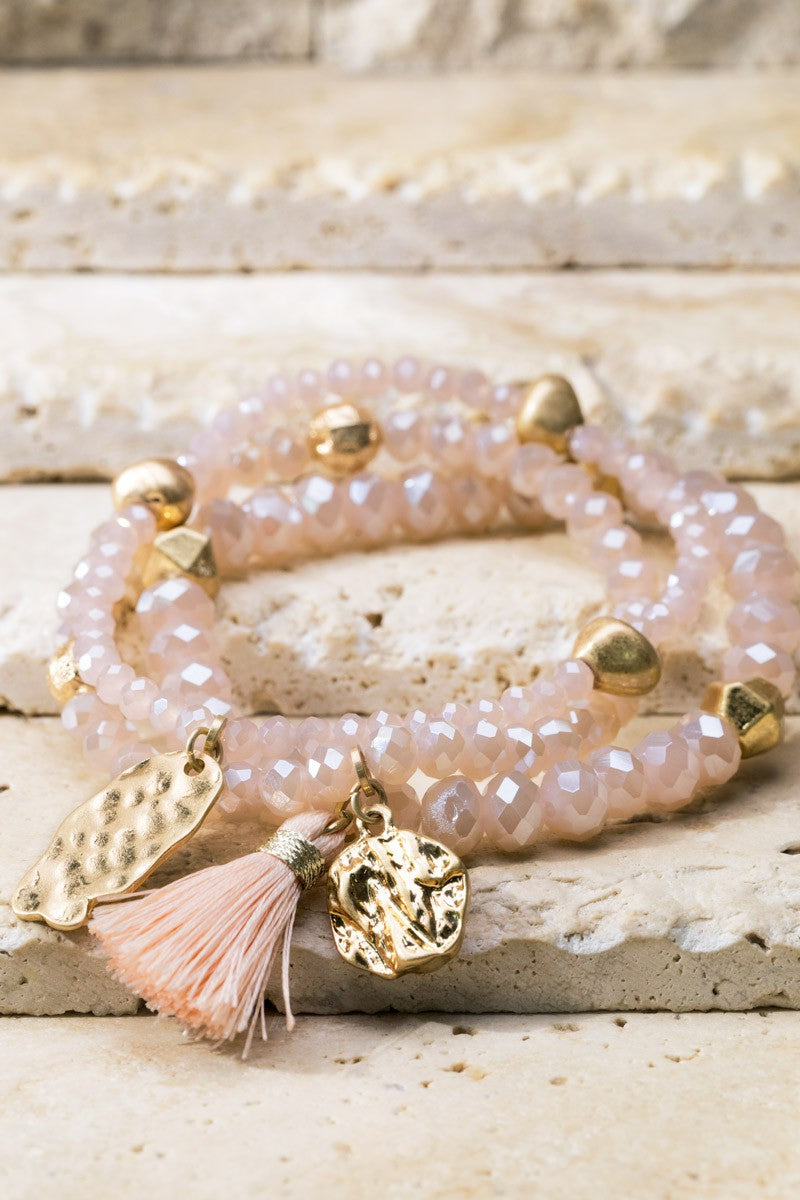 Peach Tassel & Charm Beaded Bracelet Set