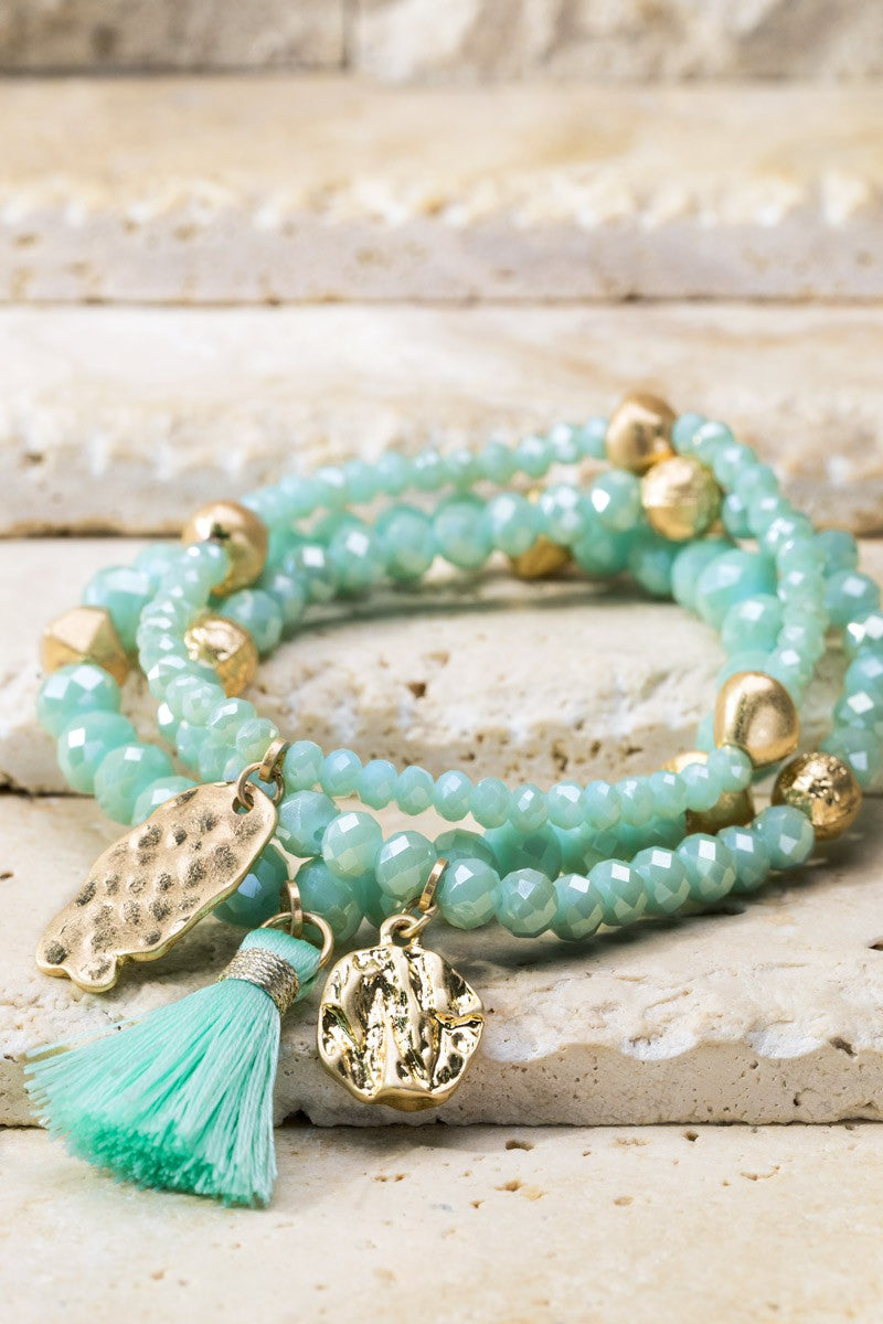 Mint Tassel & Charm Beaded Bracelet Set