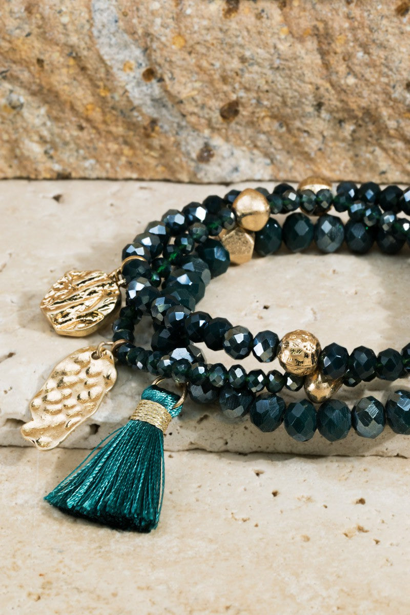 Dark Teal Tassel & Charm Beaded Bracelet Set