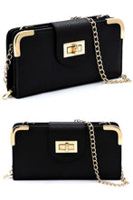 Load image into Gallery viewer, Black &amp; Gold Turn Lock Wallet Detachable Chain Crossbody
