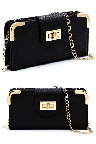 Black & Gold Turn Lock Wallet Detachable Chain Crossbody