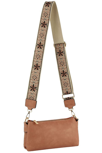 LIGHT PINK Mauve Crossbody Bag With Floral Aztec Guitar Strap