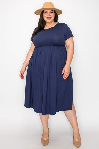 (Sizes: 3XL-5XL) Plus Size Navy Ruffled Midi Dress With Pockets