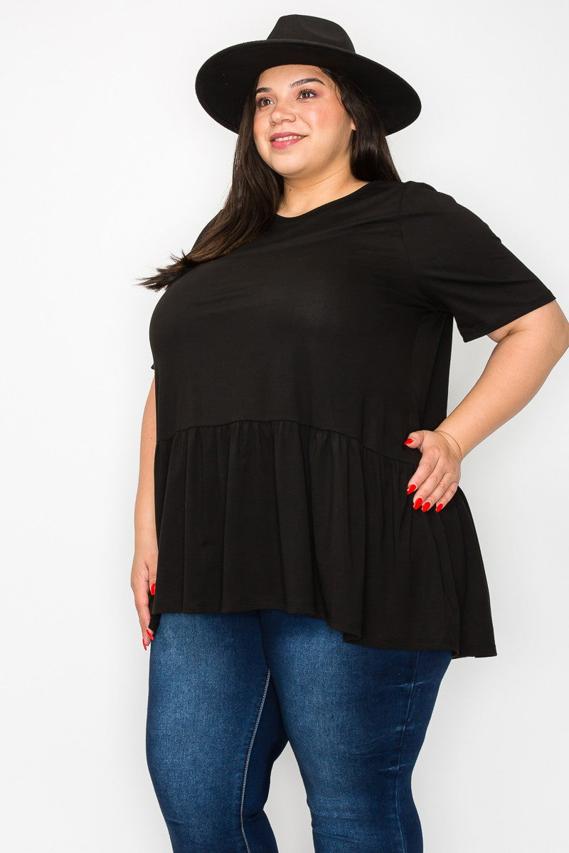 black babydoll dress plus size Shirred Sleeve Tiered Babydoll Dress Plus Size Black / X-Large main image 0