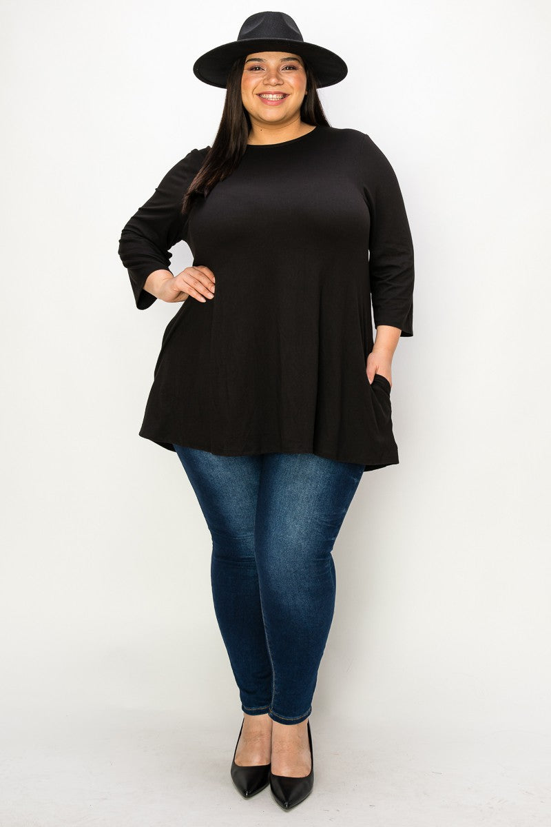 (Sizes: 3XL-5XL) Plus Size Black 3/4 Sleeves Top With Pockets