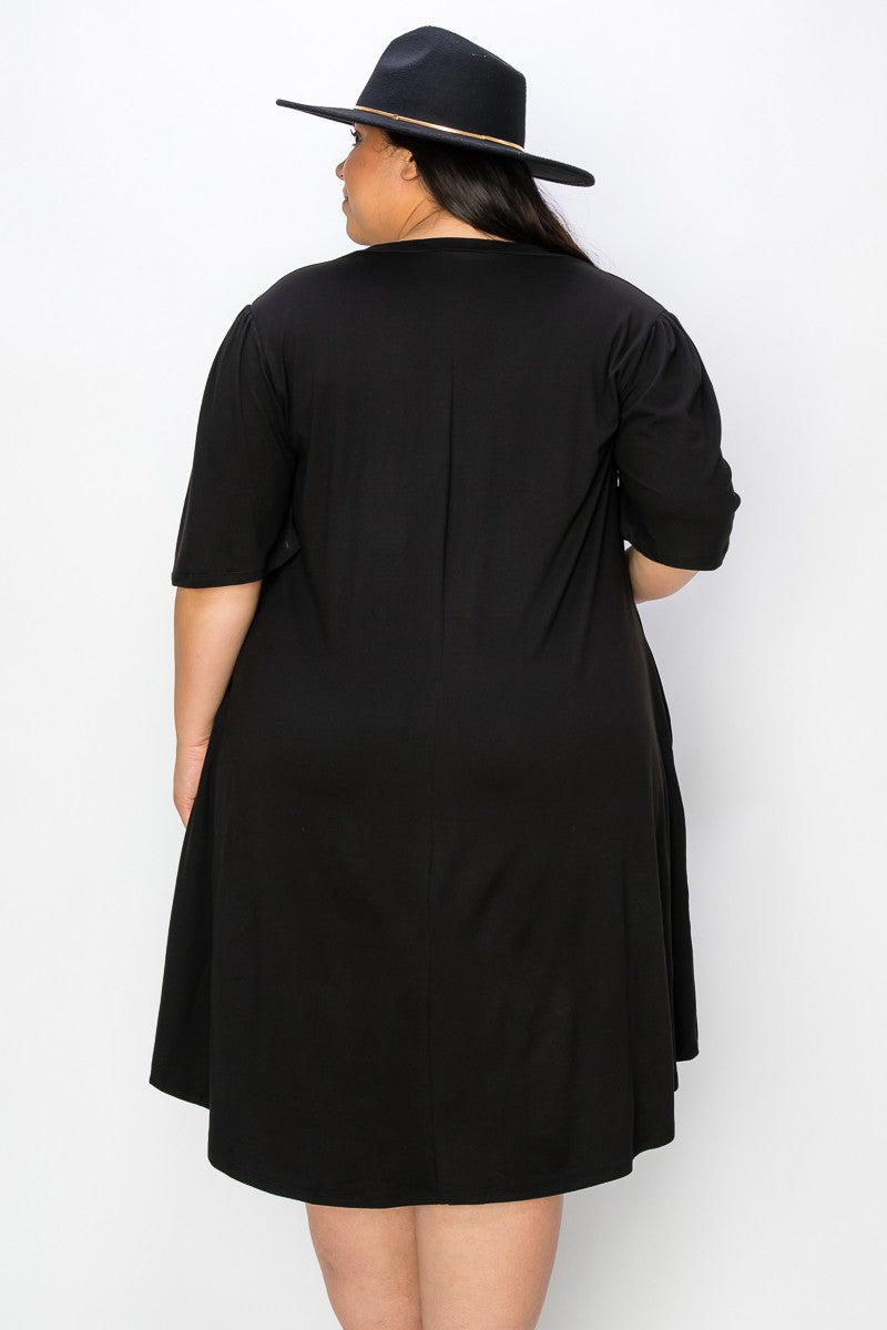 (Sizes: 3XL-5XL) Plus Size Black V Neck Dress With Wide Sleeves 5XL