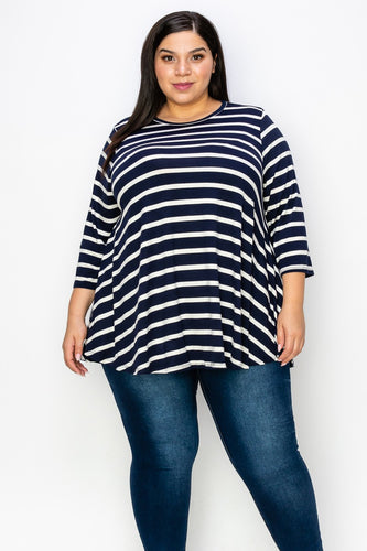 (Sizes: 3XL-5XL) Plus Size Navy & White Striped Top