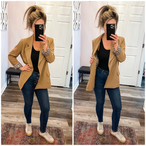 Taupe & Leopard Lining Collard Blazer