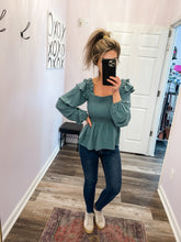 Load image into Gallery viewer, Sea Blue Swiss Dot Smocked Ruffled Long Sleeve Top (Sizes: S-3XL)
