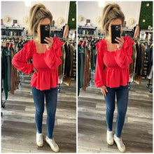 Load image into Gallery viewer, Deep Coral Swiss Dot Smocked Ruffled Long Sleeve Top
