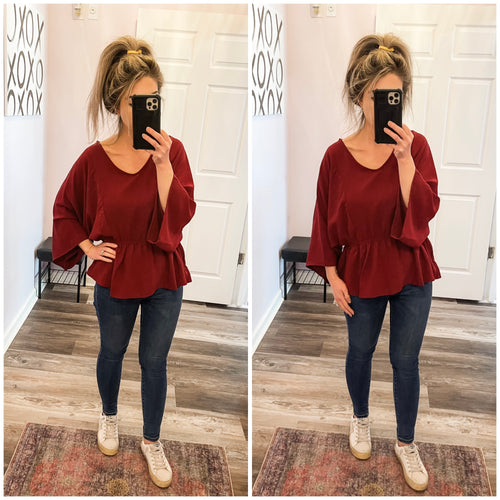 Garnet V Neck Stretchy Waist Band 3/4 Sleeve Top