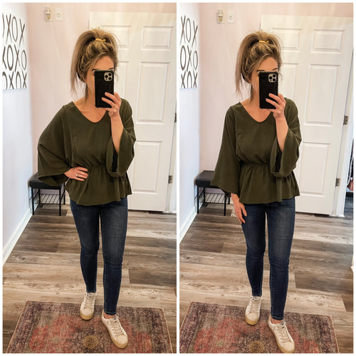 Olive V Neck Stretchy Waist Band 3/4 Sleeve Top