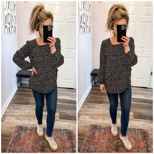 Black & White Leopard Print Ruffle Tiered Long Sleeve Top