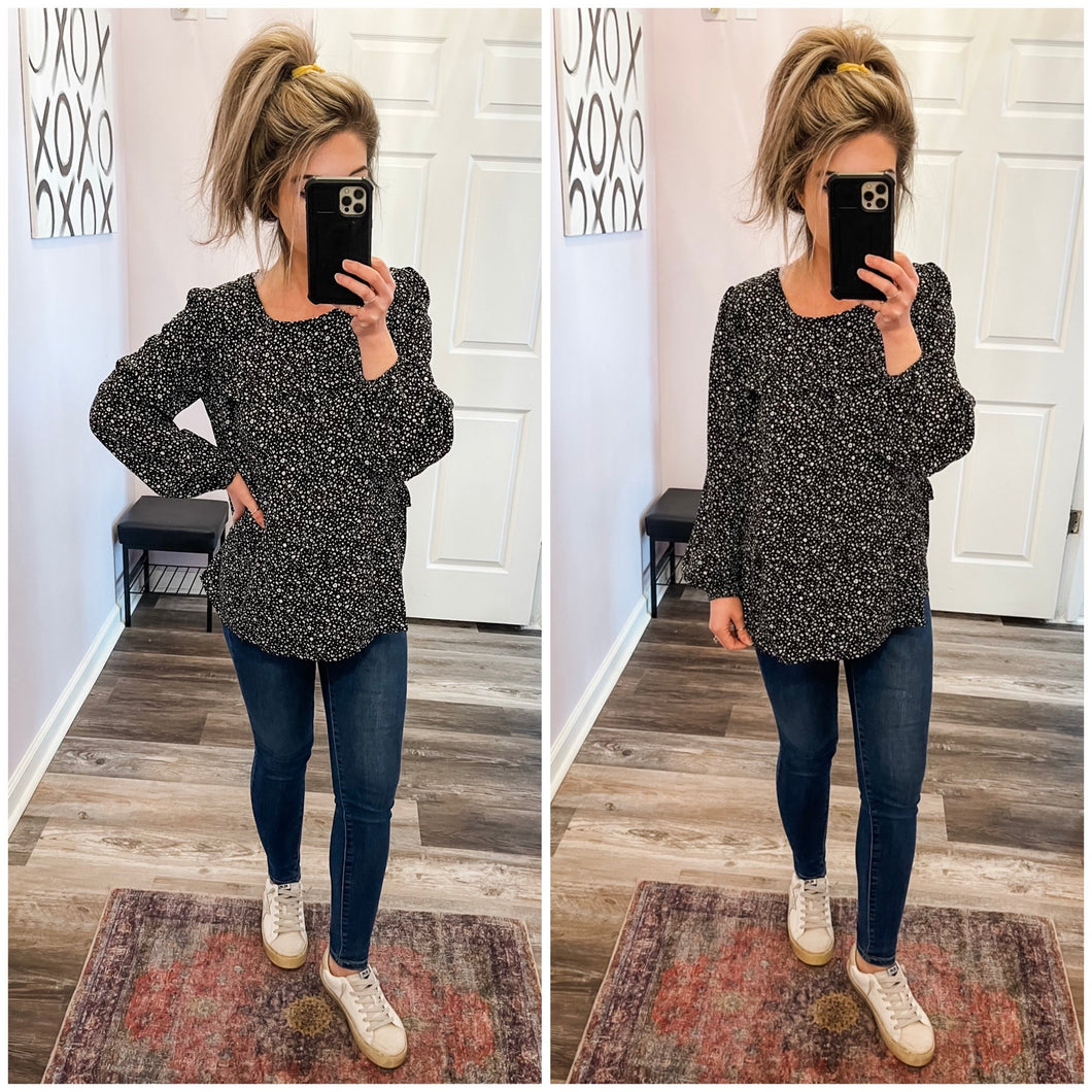 Black & White Leopard Print Ruffle Tiered Long Sleeve Top
