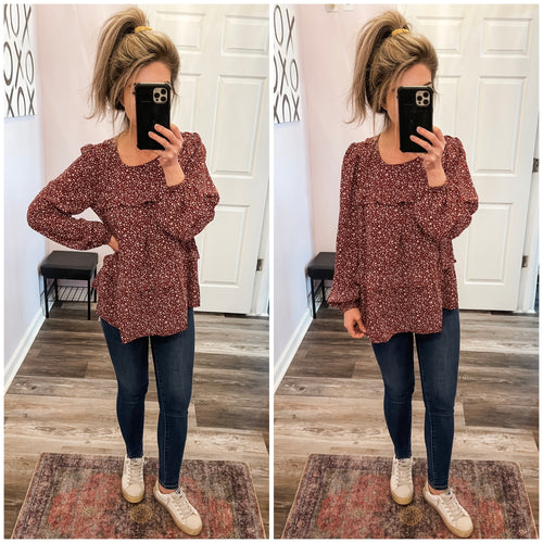 Burgundy & White Leopard Print Ruffle Tiered Long Sleeve Top