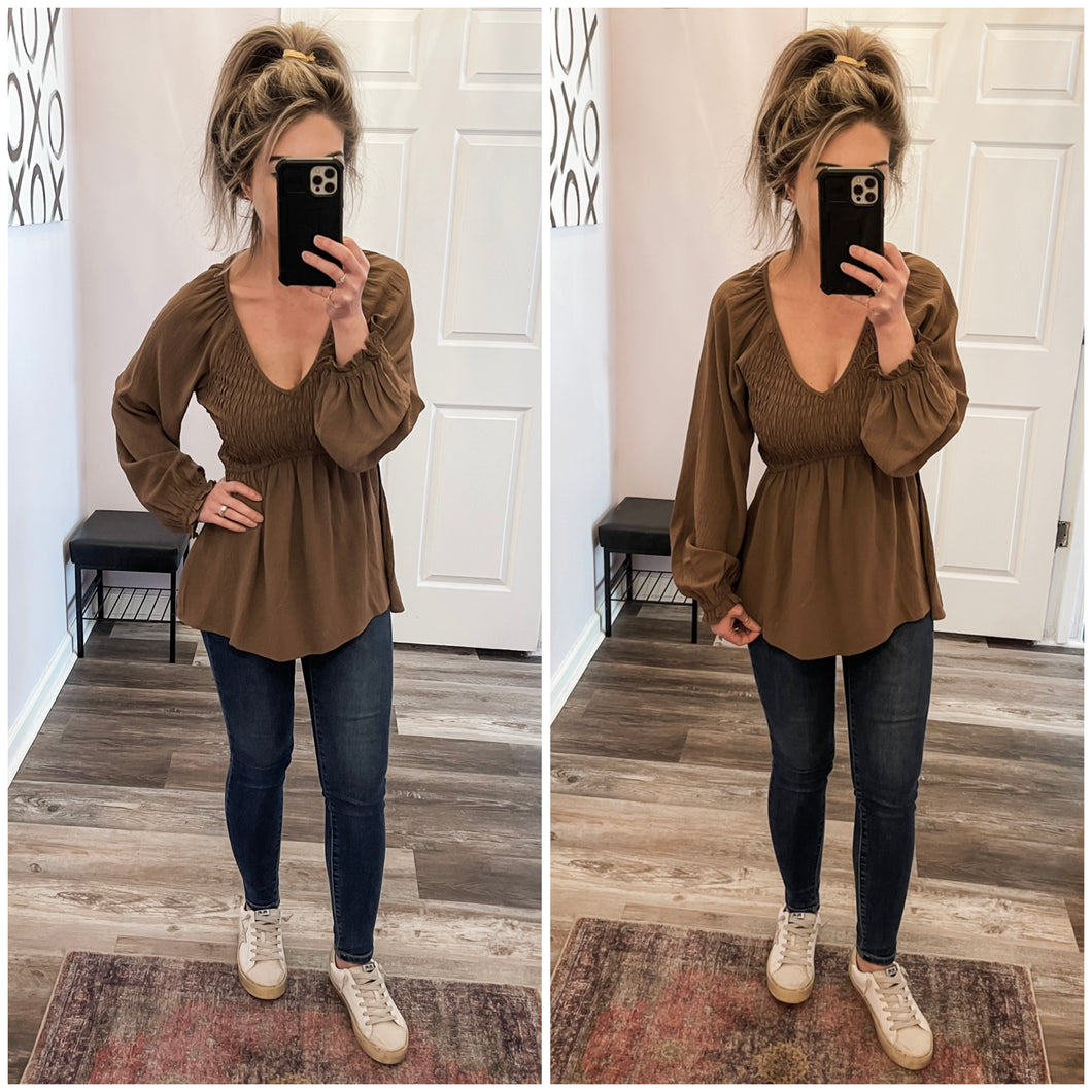 Toffee V Neck Smocked Upper Half Long Sleeve Top