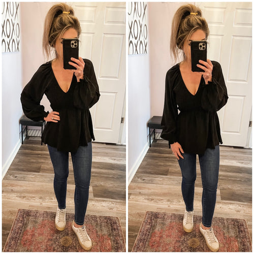 Black V Neck Smocked Upper Half Long Sleeve Top