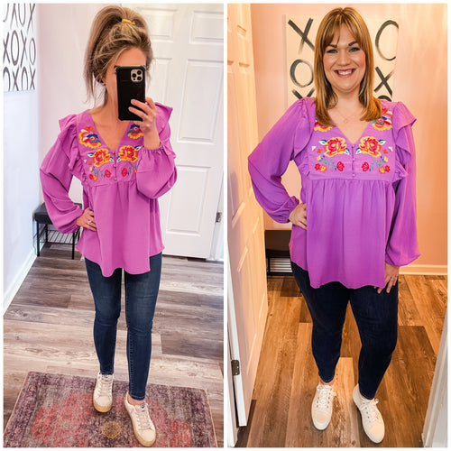 Purple Embroidered Floral Ruffled Long Sleeve Top (Sizes: S-3XL)