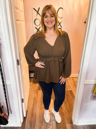 Plus Size Brown V Neck Ruffled Long Sleeve Top