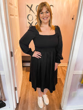 Load image into Gallery viewer, Plus Size Black Smocked Long Sleeve Midi Dress
