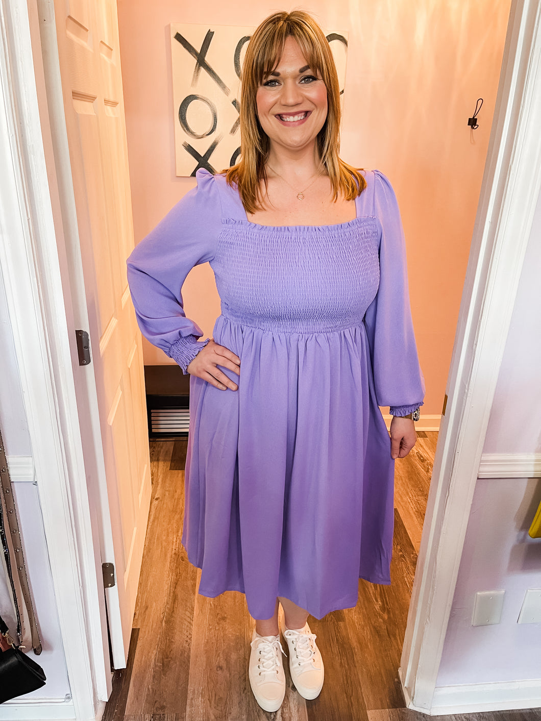 Plus Size Lavender Smocked Long Sleeve Midi Dress