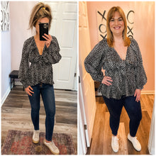 Load image into Gallery viewer, Black &amp; White Leopard Print Stretchy Waist Band Smocked Wrists Long Sleeve Top (Sizes: S-3XL)
