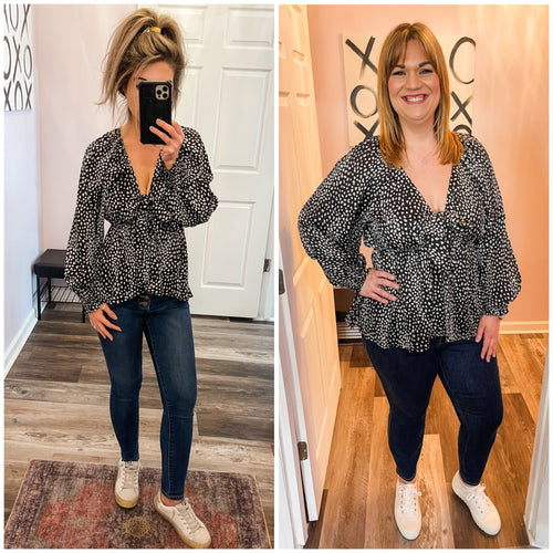 Black & White Leopard Print Stretchy Waist Band Smocked Wrists Long Sleeve Top (Sizes: S-3XL)