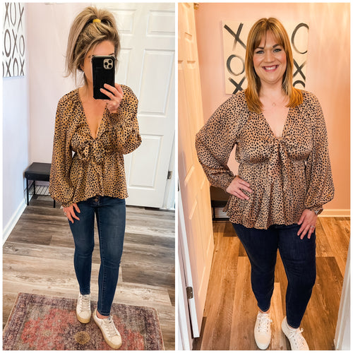 Leopard Print Stretchy Waist Band Smocked Wrists Long Sleeve Top (Sizes: S-3XL)