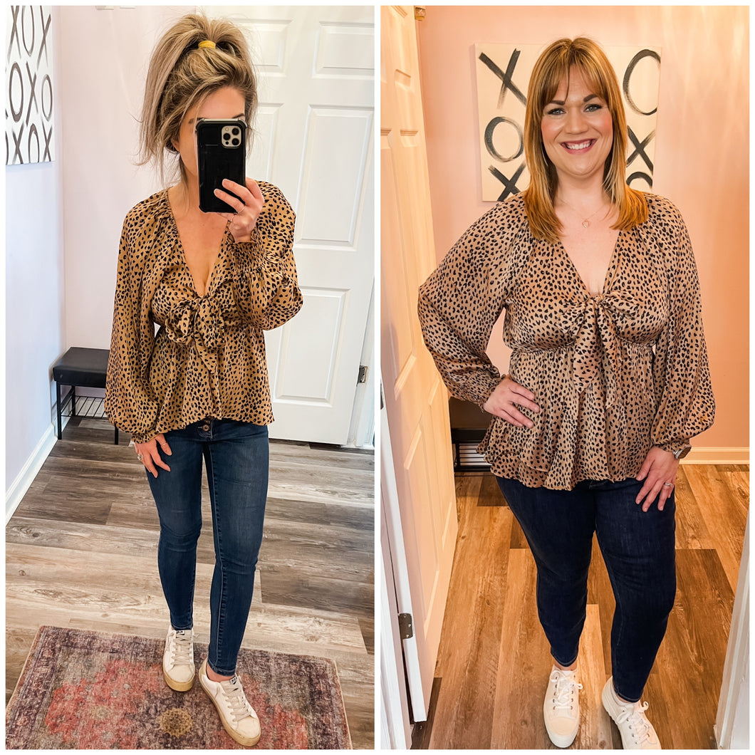 Leopard Print Stretchy Waist Band Smocked Wrists Long Sleeve Top (Sizes: S-3XL)