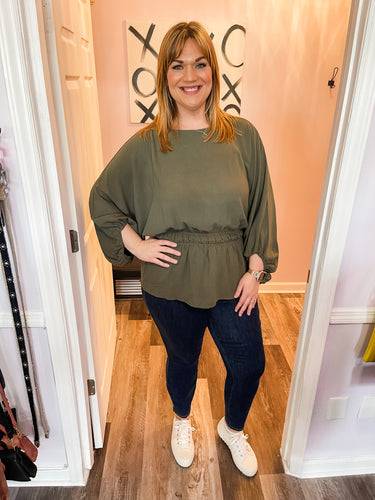 Plus Size Olive Stretchy Waist Band 3/4 Sleeve Top